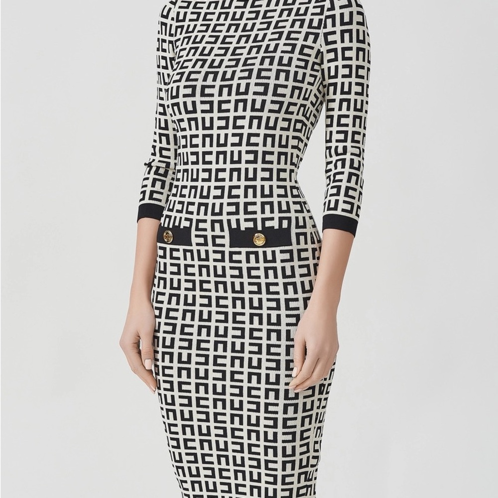 Chic Monochrome Geometric Long Sleeve Dress
